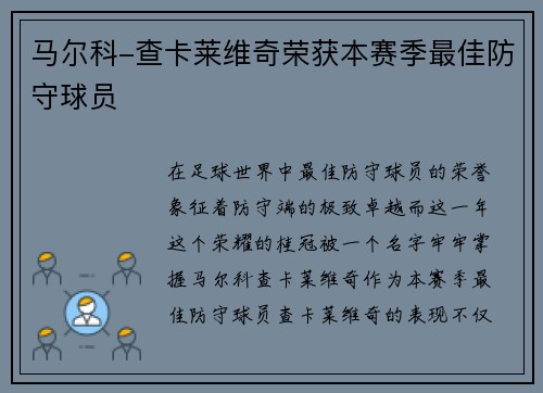 马尔科-查卡莱维奇荣获本赛季最佳防守球员