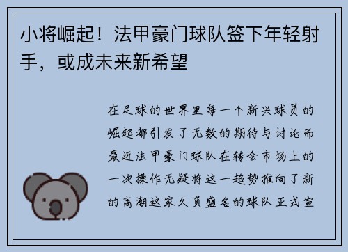 小将崛起！法甲豪门球队签下年轻射手，或成未来新希望