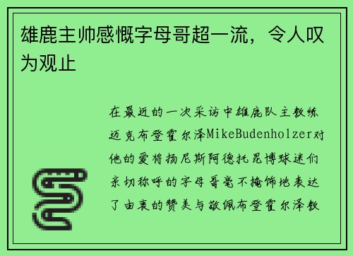 雄鹿主帅感慨字母哥超一流，令人叹为观止